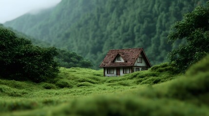 Fototapeta premium A solitary house sits nestled in a lush green valley surrounded by misty mountains