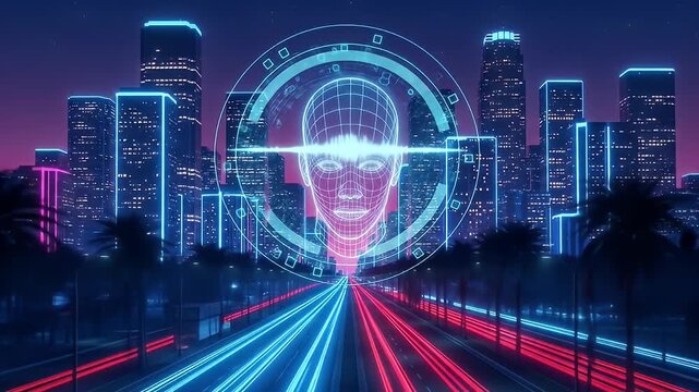 Retro futuristic city skyline with light trails and a wireframe face overlay