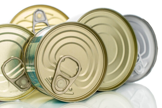 Metal tin cans isolated on white background, close-up.