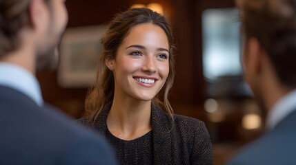 Fototapeta premium A smiling woman engages in a positive conversation with colleagues in a professional indoor setting