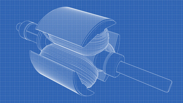 DC Electric Motor Rotor. Technical drawing, blueprint. 3D Mesh, Sketch, Vector style. 3D rendering isolated on blue background