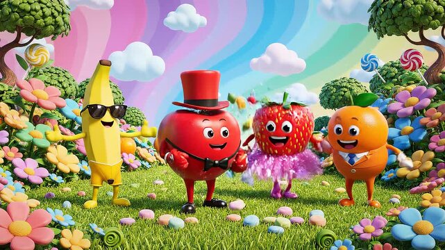 Cartoon fruits characters in colorful garden.