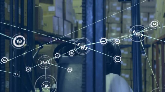 Animation of network of connections with icons over wearhouse