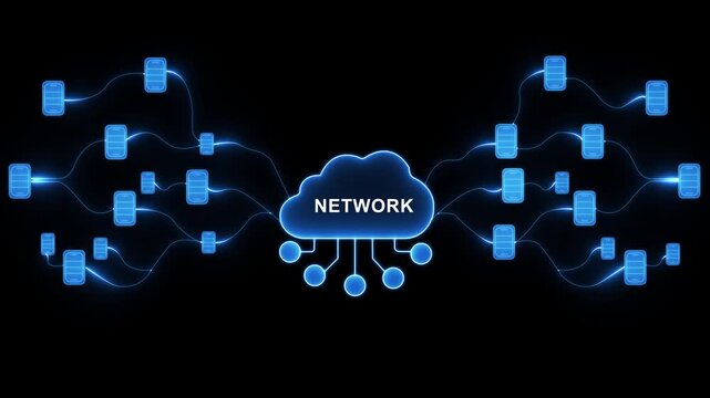Cloud computing network diagram with glowing blue lines connecting data blocks to a central cloud icon labeled network. Motion graphics of concept. animation. 4k video