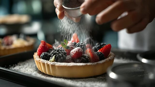 Faceless dessert tart being dusted with powdered sugar and fresh berries by chef, pastry decoration process, culinary artistry, with copy space