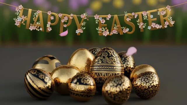 Decorative gold and black easter eggs arranged on a tabletop beneath a floral "happy easter" banner. slow camera pan reveals ornate metallic eggs and delicate spring blossoms.