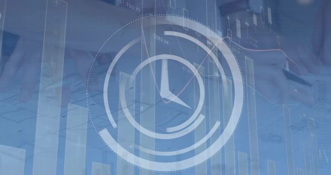 Animation of processing circles and binary code over hands of man using laptop