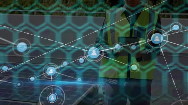 Animation of network of profile icons over male engineer using digital tablet on the roof