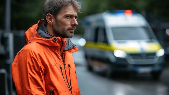 Faceless man in bright orange jacket, defocused ambulance van background, paramedic worker scene, emergency medical services, with copy space
