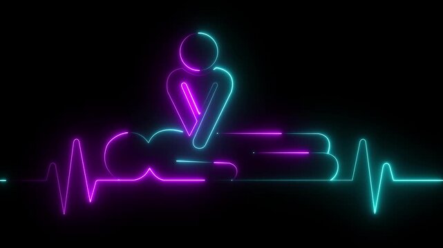 Neon heartbeat icon animation. CPR chest compressions showing medical resuscitation technique for training, safety, and emergency education. CPR chest compressions heartbeat signal icon. 4k video