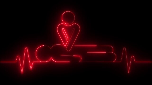 Neon heartbeat icon animation. CPR chest compressions showing medical resuscitation technique for training, safety, and emergency education. CPR chest compressions heartbeat signal icon. 4k video