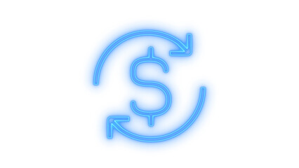 Fototapeta premium Vibrant neon glow dollar symbol with circular arrows illustrating currency exchange, financial transactions, and economic data flow isolated on transparent background