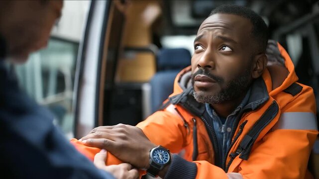 Faceless African person in orange jacket paramedic assisting injured patient inside ambulance van, emergency medical care scene, with copy space