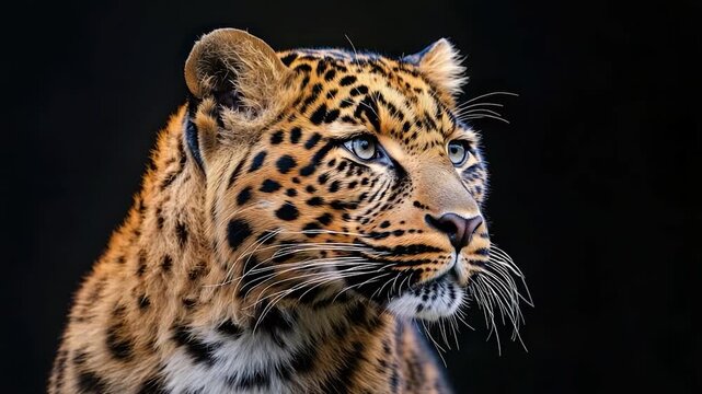 Detailed close-up of a leopard's face against a black backdrop. Captured in sharp focus