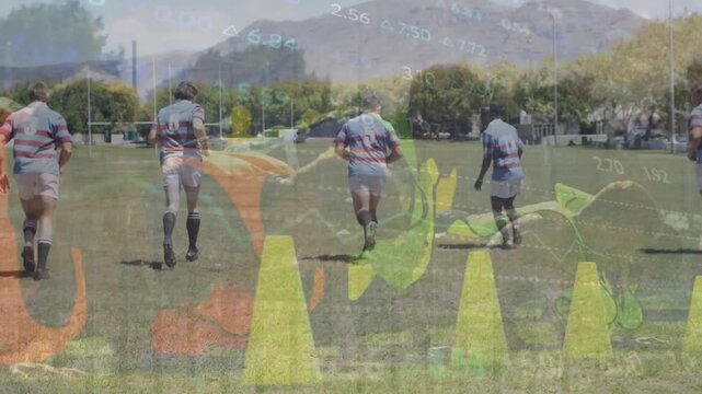 Animation of financial data processing over diverse rugby players