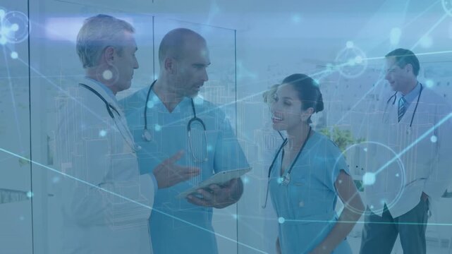 Animation of network of connections over female and male doctors using tablet