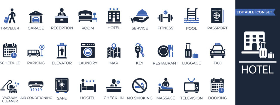 Hotel service editable solid icon set. Room, service, bed, reception, booking, and facilities. Solid vector icon collection.