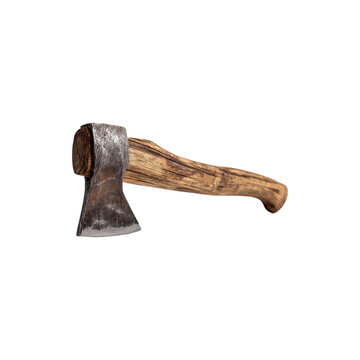 Old steel axe with wooden handle rustic chopping tool for wood cutting forestry camping isolated on white background