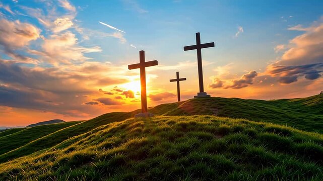 Three crosses on a hill at sunset