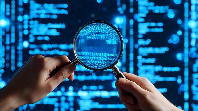 Hands holding magnifying glass over digital code