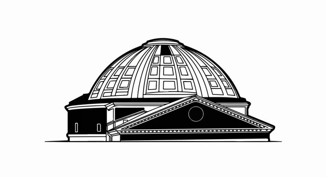 A stylized black and white drawing of a domed building with a triangular pediment