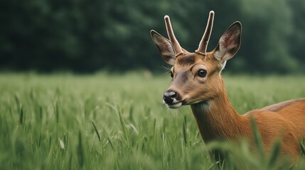 Young roe deer buck with growing antlers in a lush green meadow, observing its natural habitat. Wildlife portrait