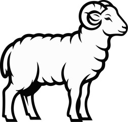 A stylized black and white outline drawing of a ram, facing right © Gerad