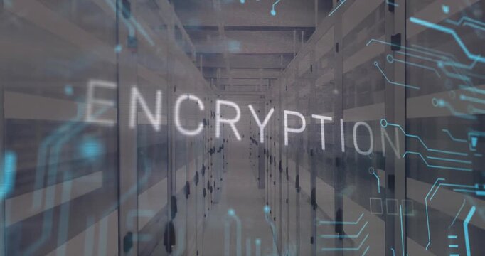 Animation of circuit board pattern around binary codes and encryption text over server room