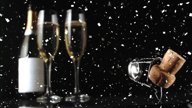 Animation of champagne bottle with flutes and cork falling over confetti on black background
