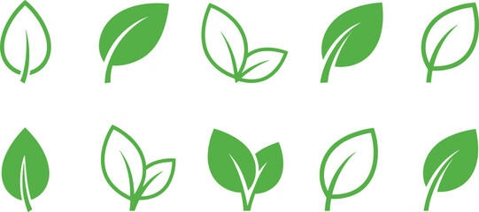 Green Leaf Icon Set Featuring Simple Botanical and Eco Nature Symbols for Organic, Environment, and Sustainability Design