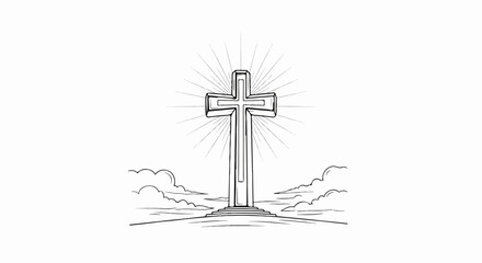 A stylized cross stands on a tiered platform with radiating lines © Gerad