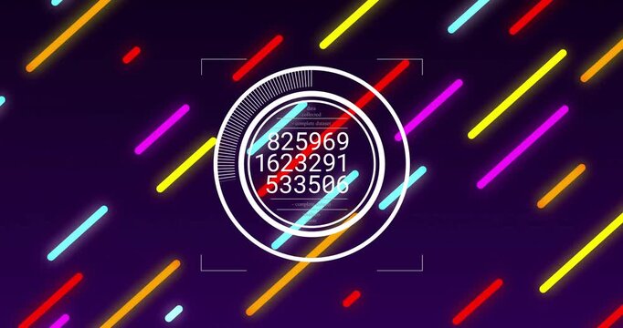 Animation of digital data processing over neon pattern on blue background