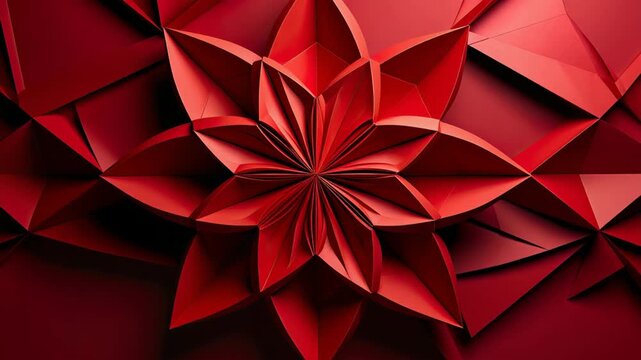 Intricate red origami flower with geometric folded petals and sharp 3D abstract paper textures and patterns