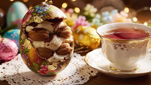 Easter eggs and tea cup still life.