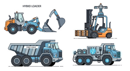 Illustrated Collection of Various Heavy-Duty Construction Vehicles. © Roti