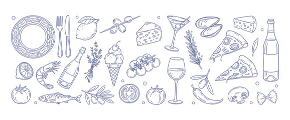Fototapeta premium Mediterranean lunch and dinner doodle icons. Pasta, olive, pizza, cheese, tomato and more. Vector illustration isolated on white background