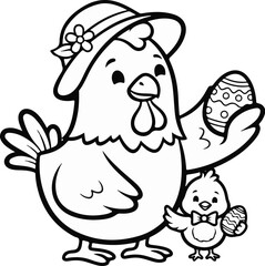 Obraz premium A mother hen in a hat with a flower holds an egg, her chick holds one too