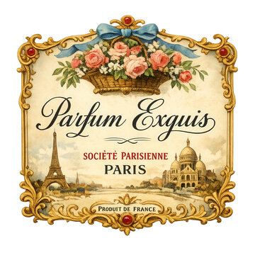 Vintage perfume label frame with roses and Paris landmarks PNG ornate decorative emblem isolated