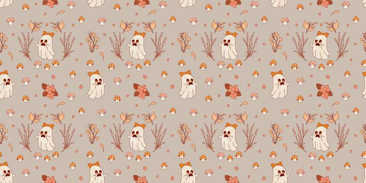 Halloween festival pattern. Funny ghost girls in a floral frame, mushrooms, and berries. Seamless gray festive print.