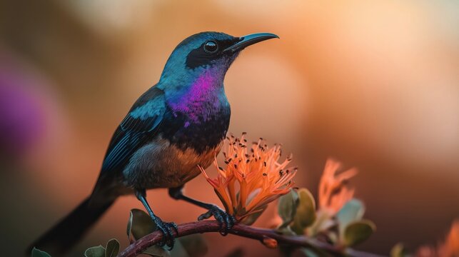 Iridescent sunbird with vibrant purple and blue plumage perching on an orange flower, illuminated by soft golden light