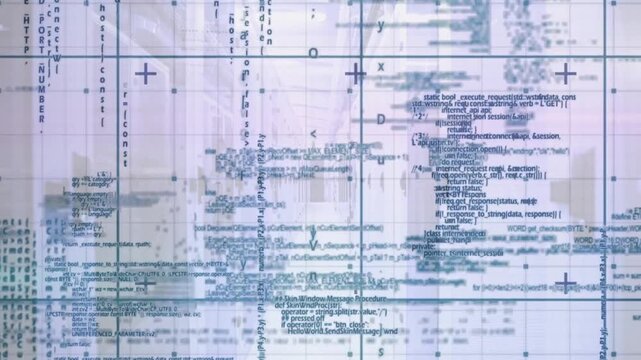 Frame three starting grid code scrolling and shifting lines, clusters migrating and forming stream