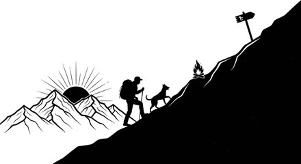 Obraz premium Hiker and dog ascending mountain silhouette sun and signpost illustration