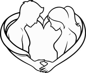 A man and woman embrace within a heart shape