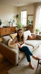 Obraz premium Cozy Living Room: A serene scene unfolds as a woman relaxes on a comfortable sofa in a beautifully decorated living room, natural light creating a warm and inviting atmosphere.