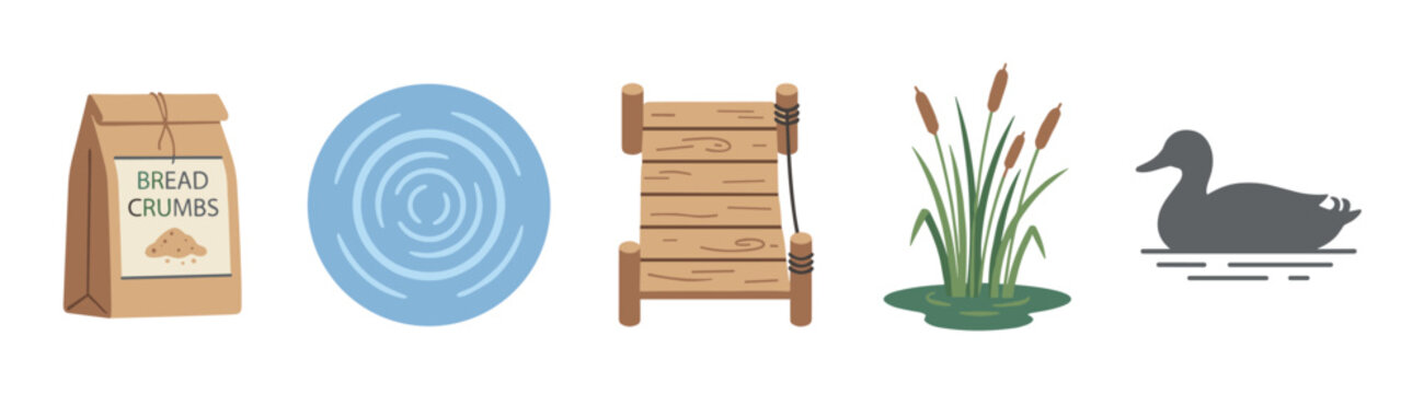 Bread crumbs, water, wooden dock, cattails, and a duck are depicted in a charming flat design illustration representing a serene pond scene.