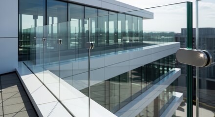 Obraz premium Modern Architectural Building With Glass Facade And Balcony Overlooking Cityscape