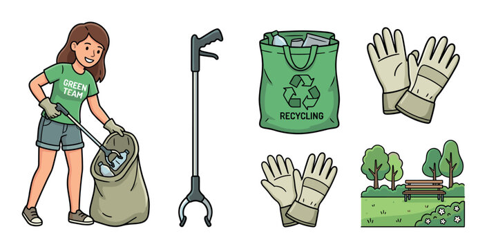 Environmental cleanup volunteer gathers trash using essential recycling equipment and supplies, promoting a cleaner and healthier environment for everyone.