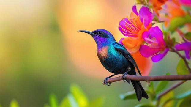 Iridescent sunbird with vibrant blue and purple plumage perching on a branch, surrounded by bright pink and orange blossoms