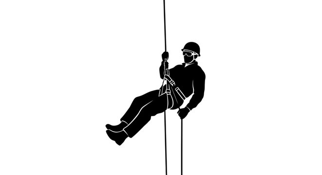 Silhouette of a person rappelling down a rope, wearing a helmet and harness, extreme sports