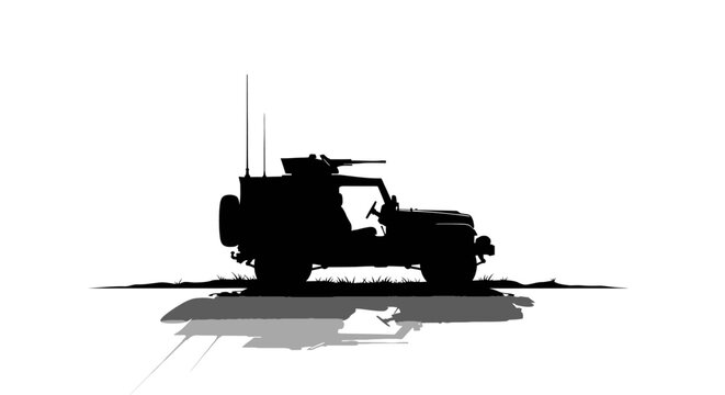Silhouette of an Armored Military Vehicle with Machine Gun on White Background